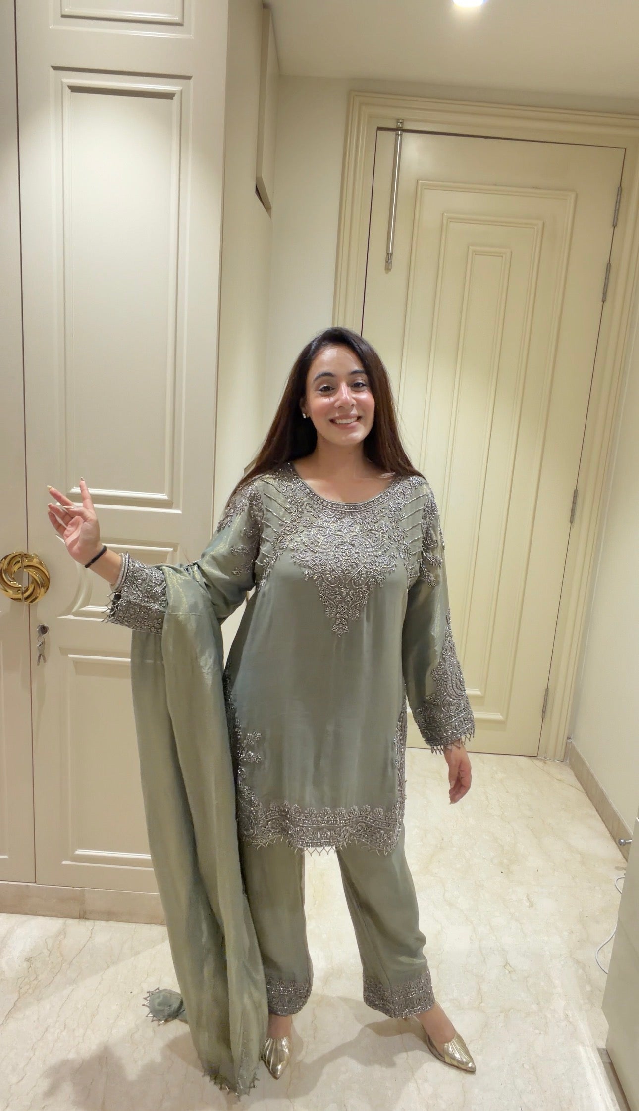 Lustrous Sage Green Heavily Embroidered 3-Piece Suit Set