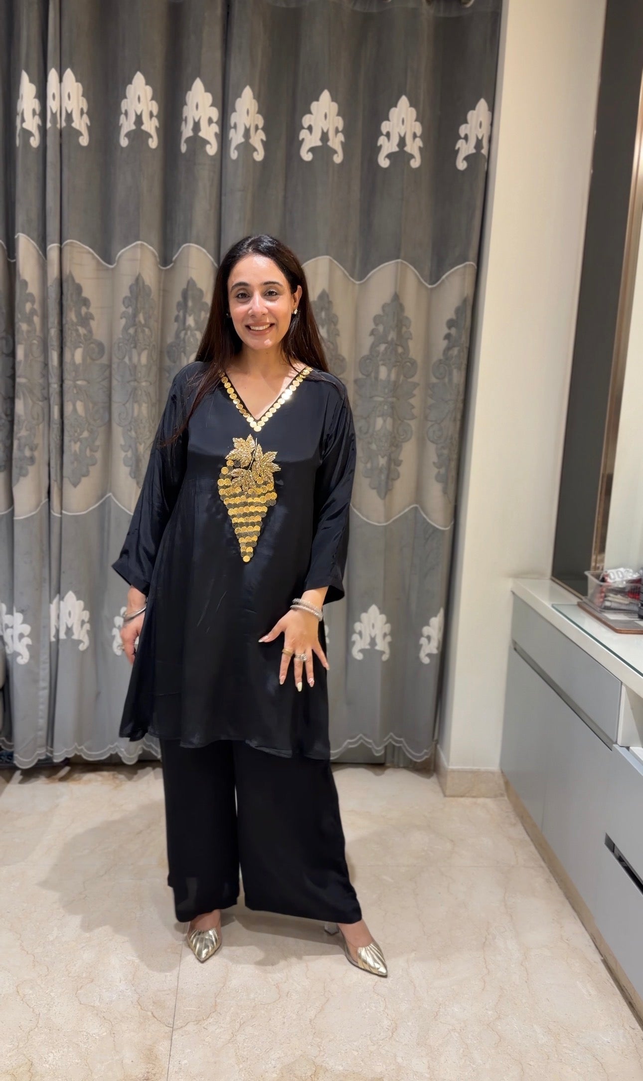 Midnight Black Co-ord Set with Statement Gold Coin Embellishments