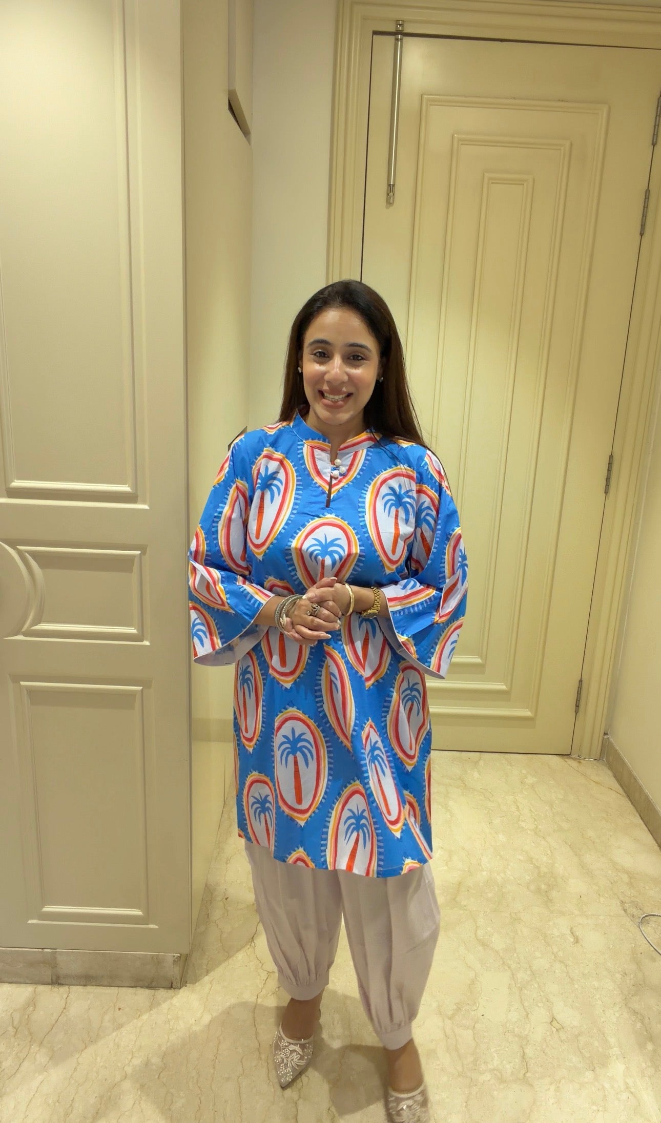 Bright Blue Palm Print Tunic & Gathered Salwar Set