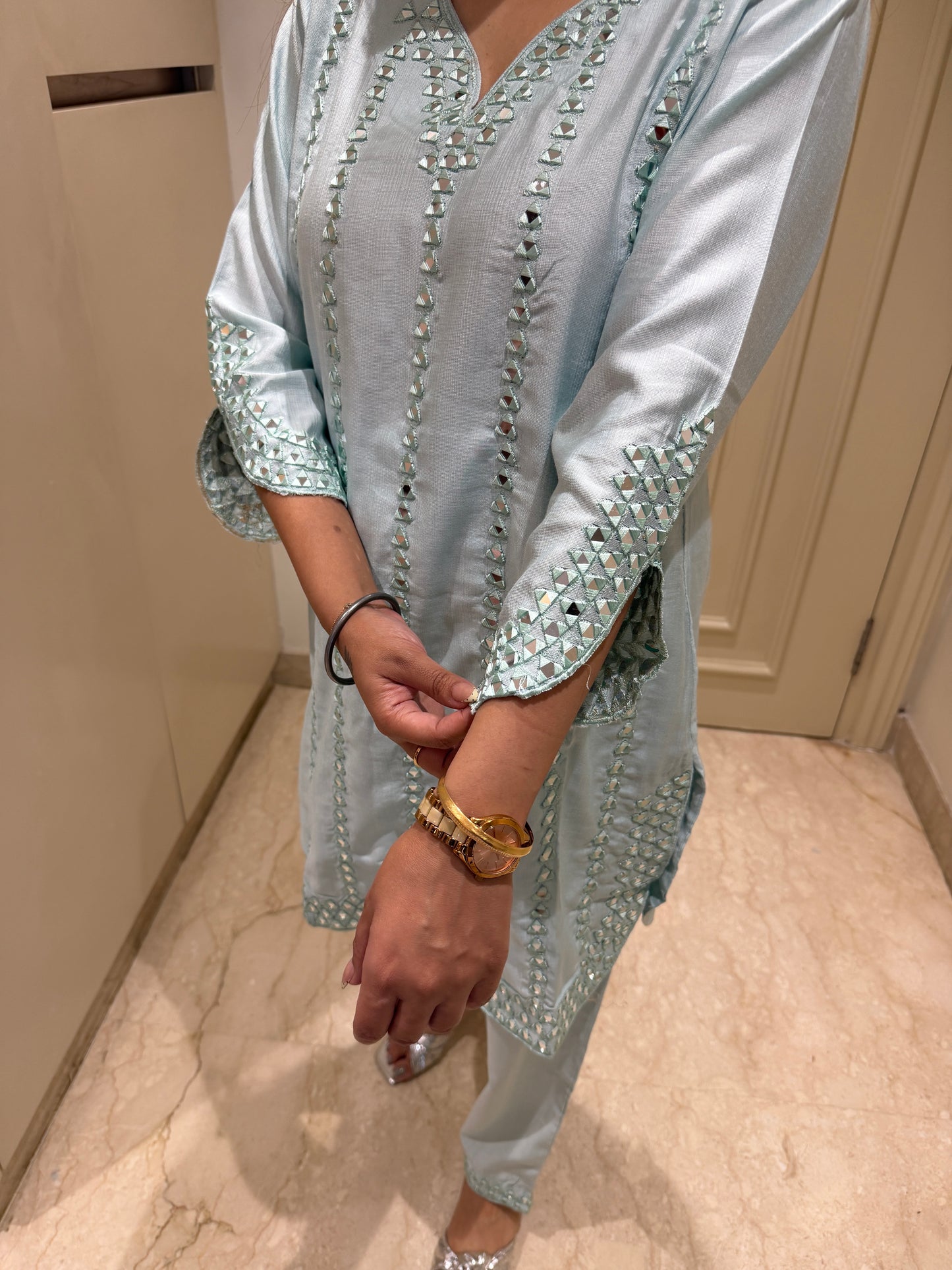 Ice Blue Mirror-Work Kurta & Gathered Pant Set