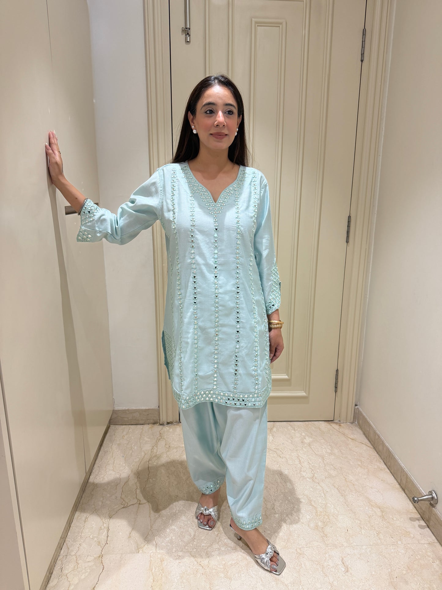 Ice Blue Mirror-Work Kurta & Gathered Pant Set