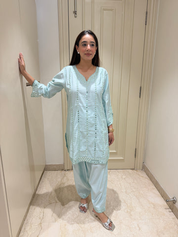 Ice Blue Mirror-Work Kurta & Gathered Pant Set
