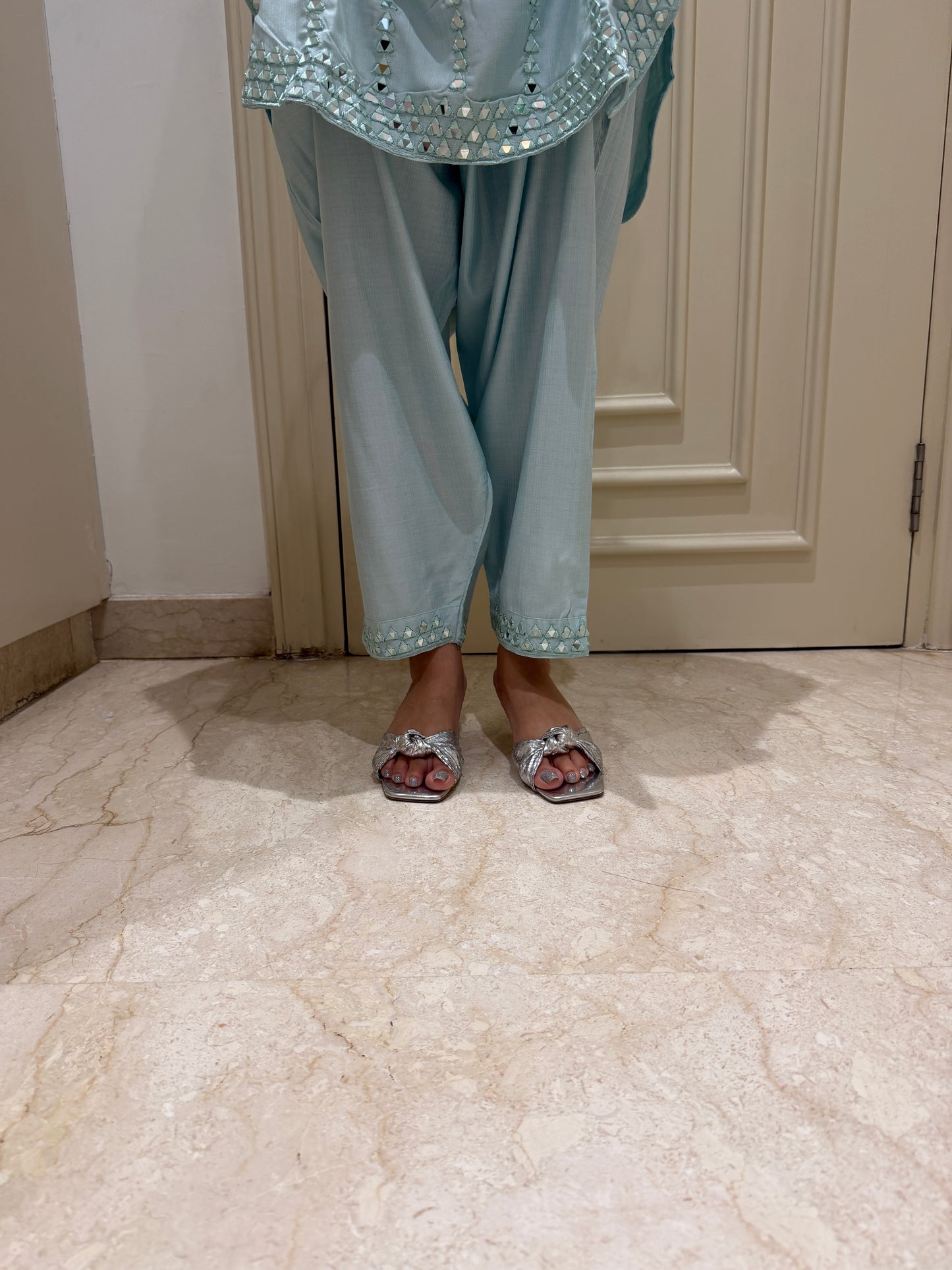 Ice Blue Mirror-Work Kurta & Gathered Pant Set