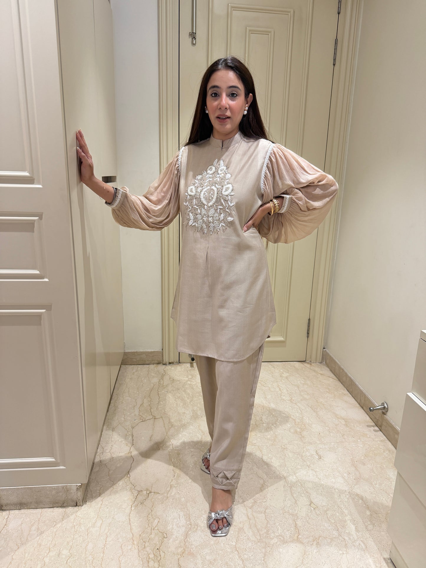 Champagne Beige Embroidered Co-ord Set with Statement Sleeves