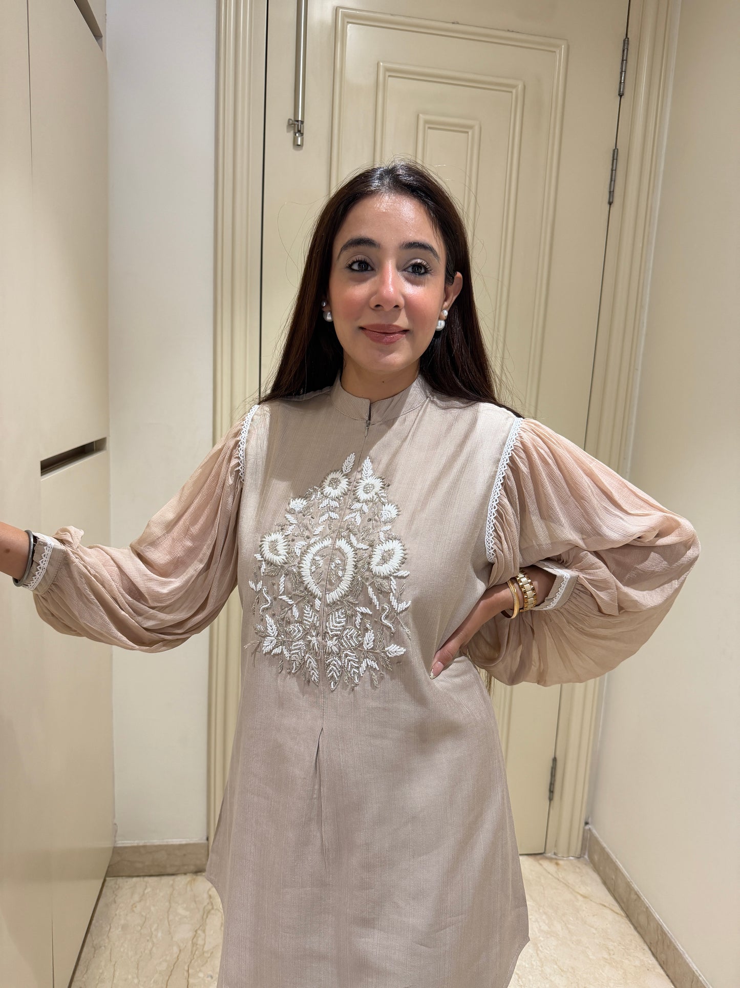 Champagne Beige Embroidered Co-ord Set with Statement Sleeves
