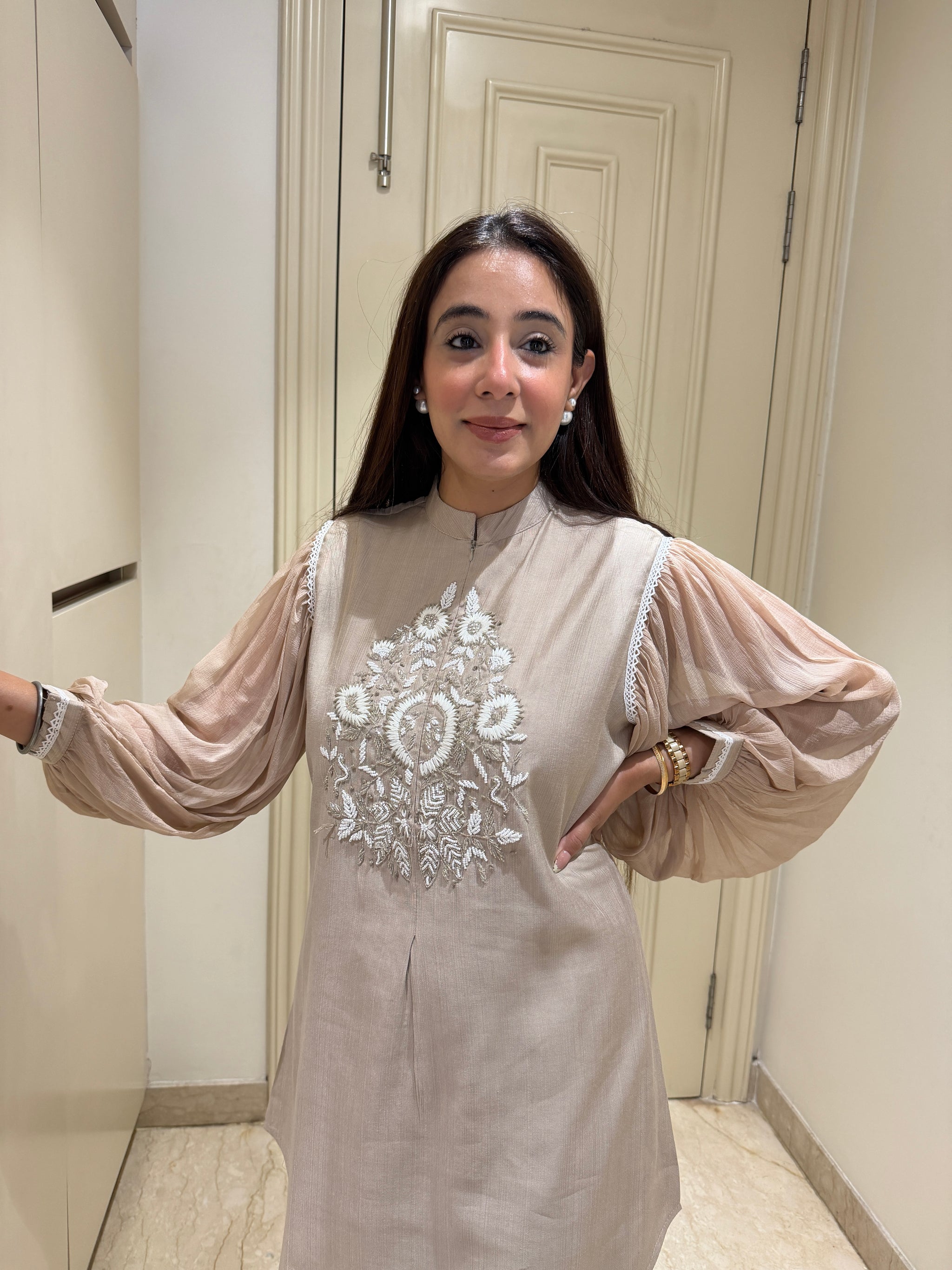 Champagne Beige Embroidered Co-ord Set with Statement Sleeves