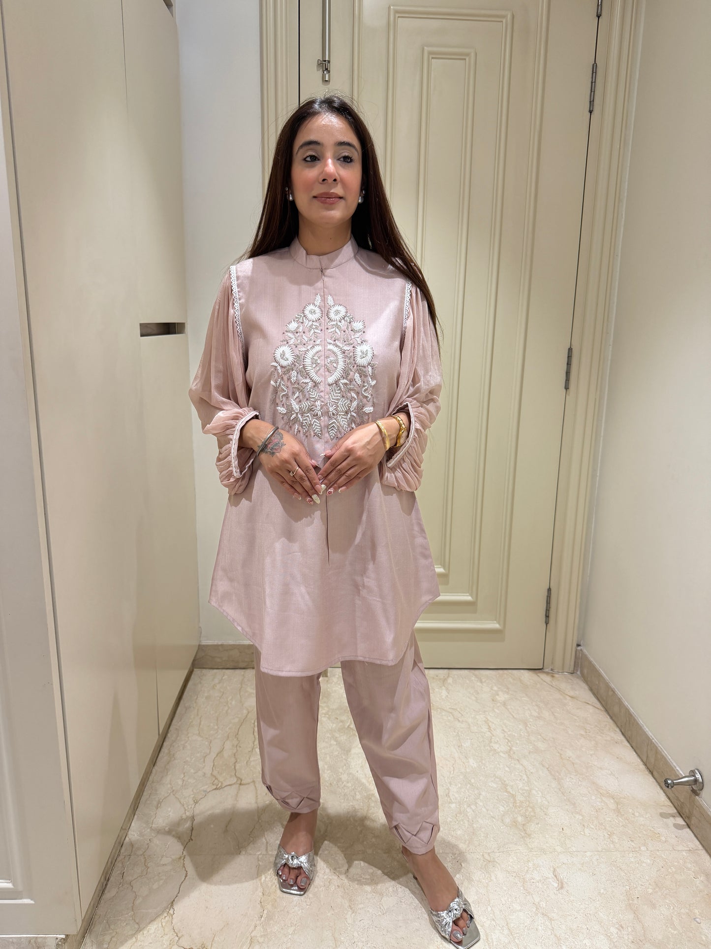 Dusty Rose Embroidered Co-ord Set with Statement Sleeves