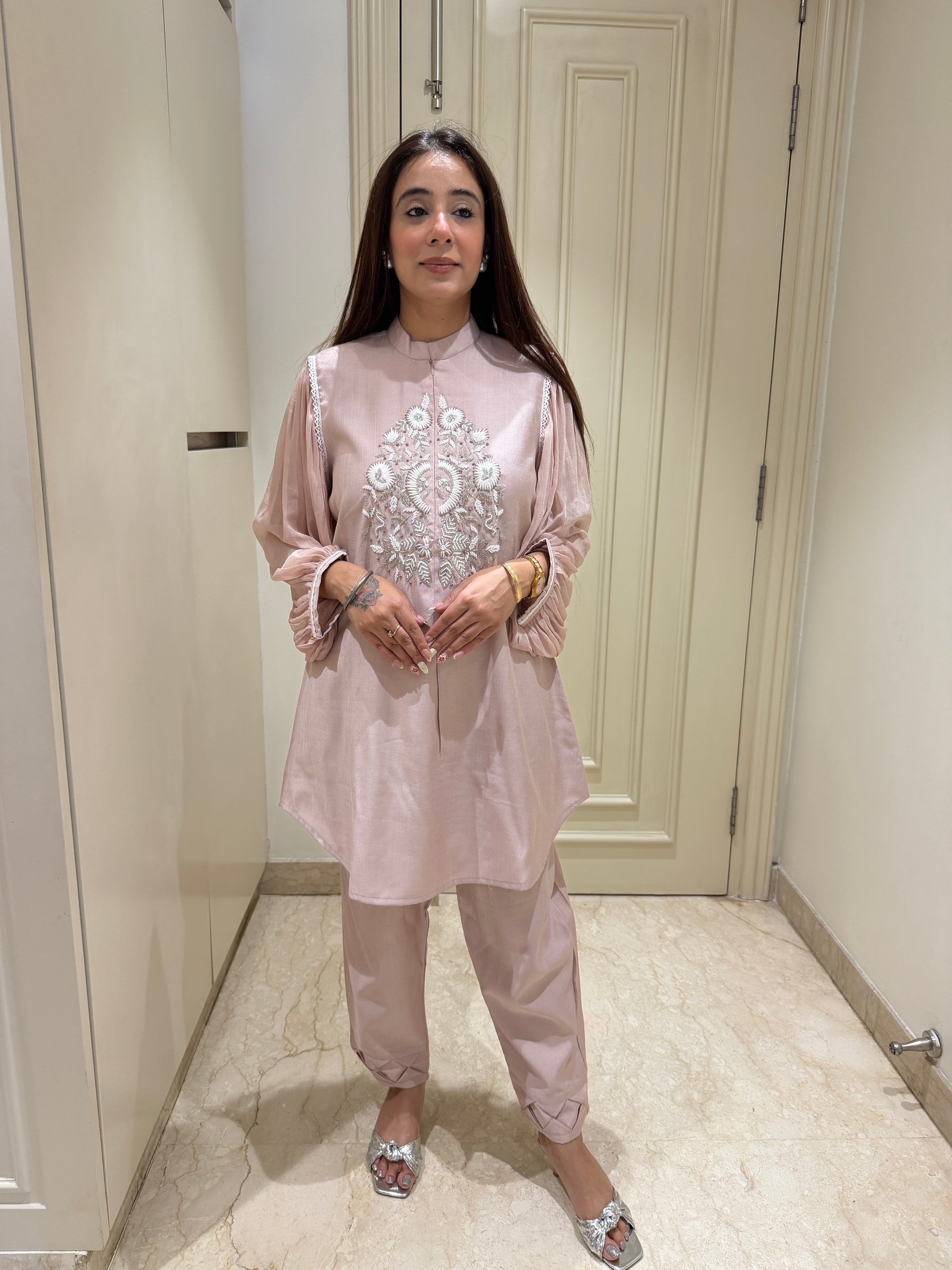 Dusty Rose Embroidered Co-ord Set with Statement Sleeves