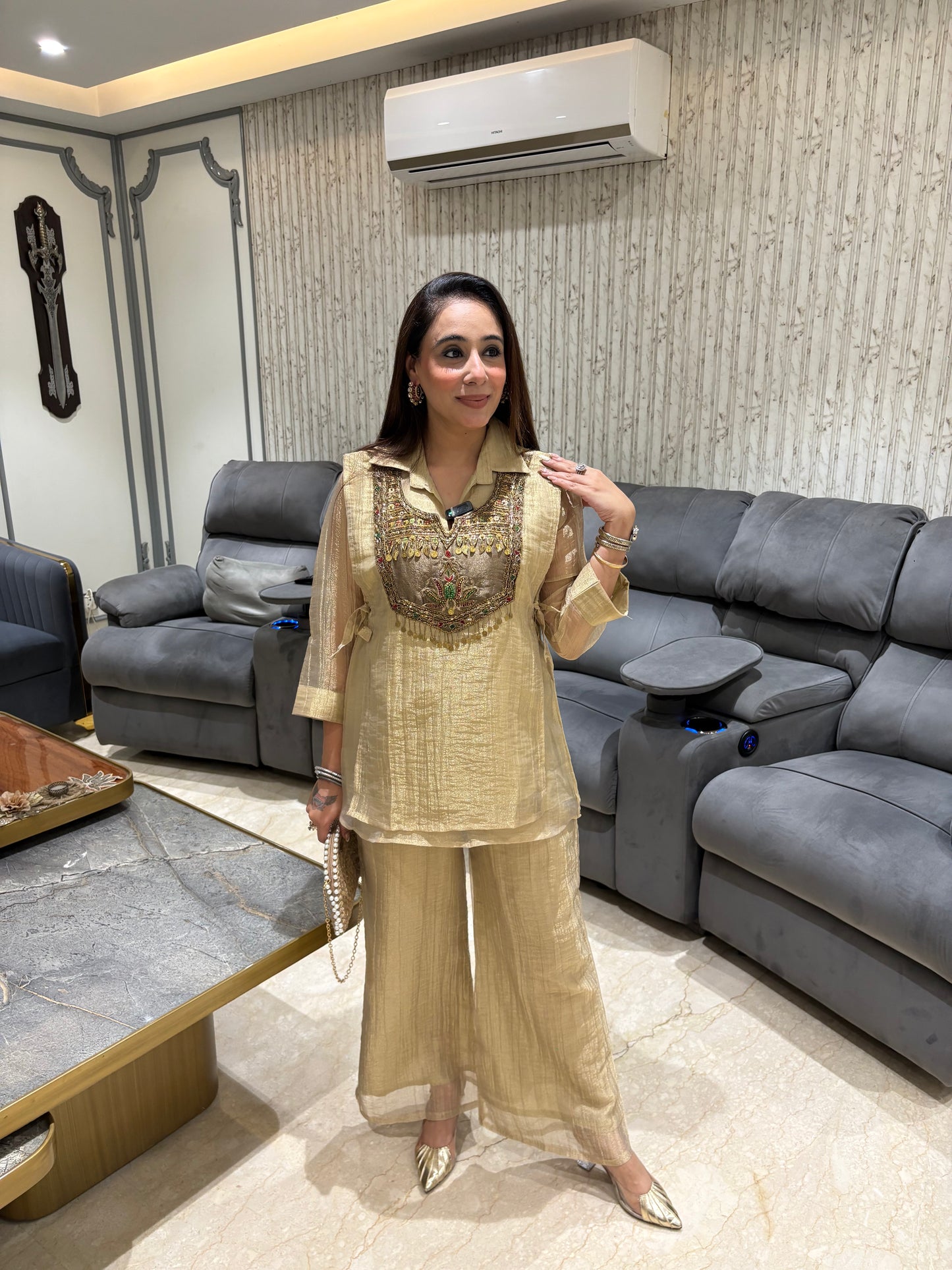 Shimmering Champagne Tissue-Silk Co-ord Set with Zardozi Embroidered Yoke