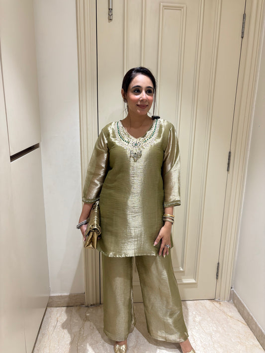 Luminous Metallic Olive Tunic Set with Emerald Jeweled Neckline