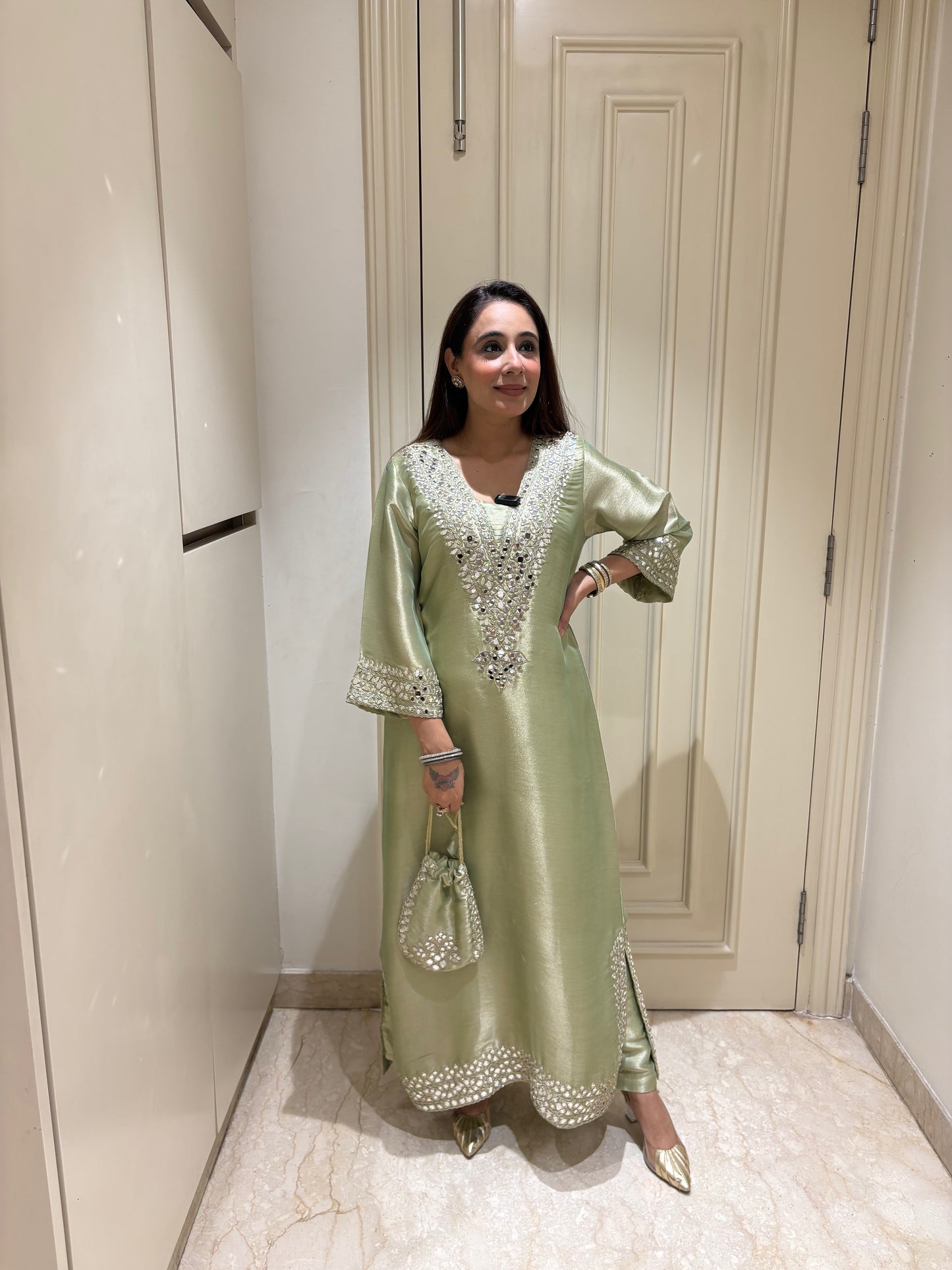 Luminous Sage Green Metallic Kaftan-Style Kurta Set with Mirror Work