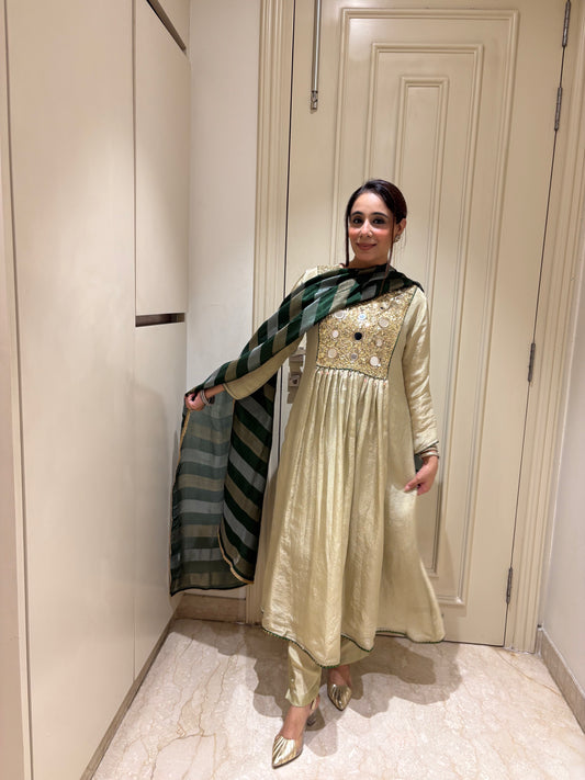 Luminous Champagne Mirror-Work Anarkali Set with Striped Dupatta