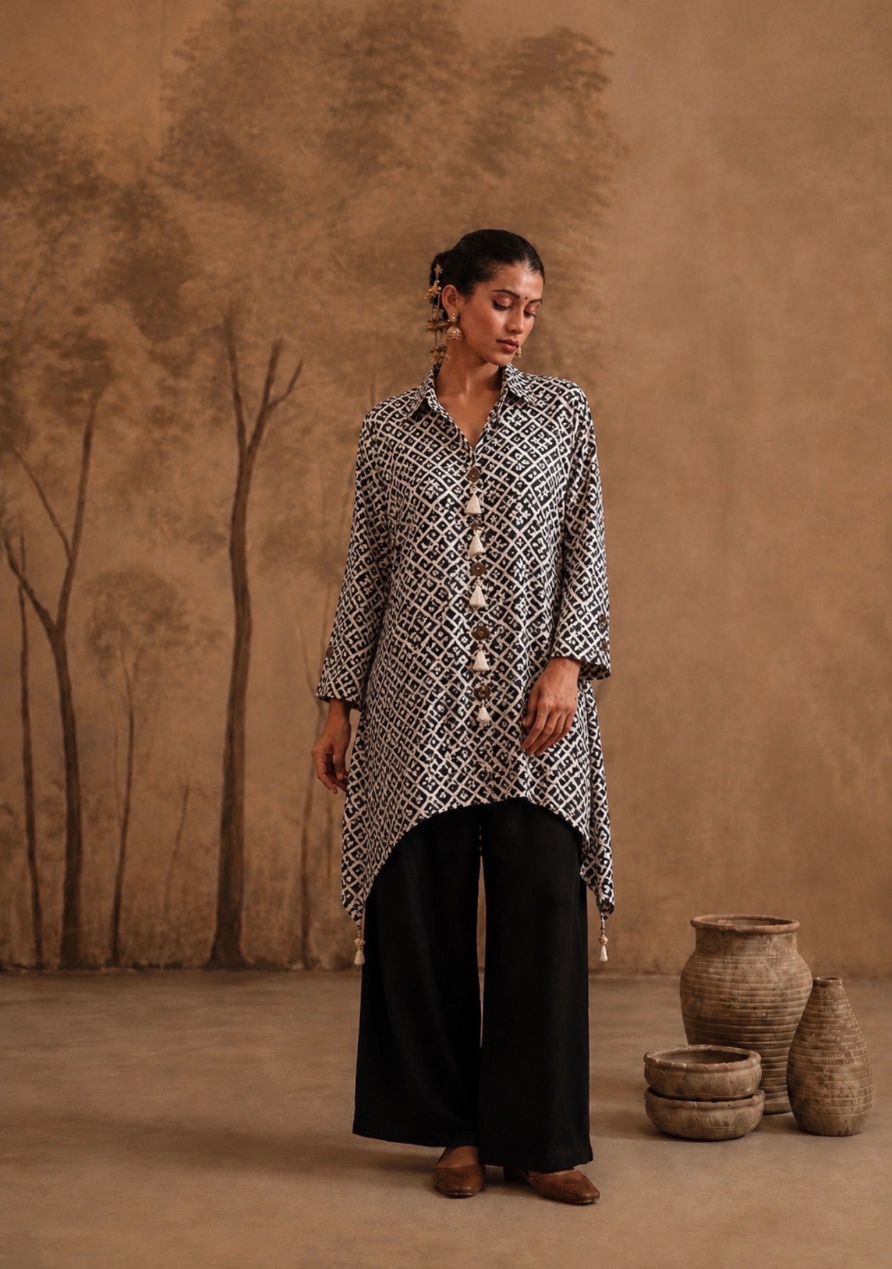 Monochrome Geometric Handkerchief Tunic & Palazzo Set