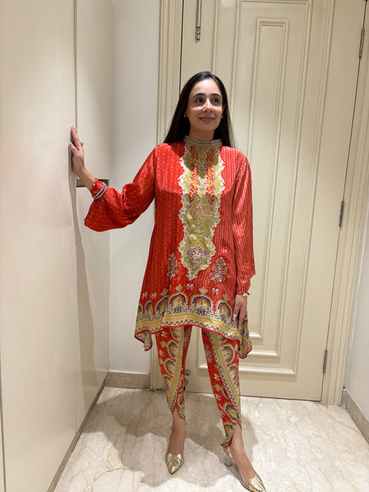 Vibrant Vermilion Heritage Print Asymmetrical Tunic & Dhoti Pant Set