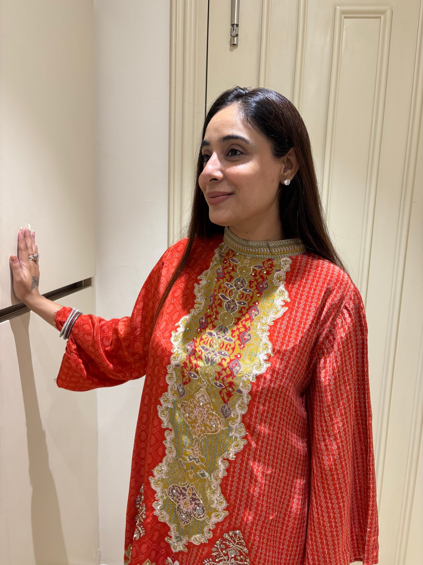 Vibrant Vermilion Heritage Print Asymmetrical Tunic & Dhoti Pant Set