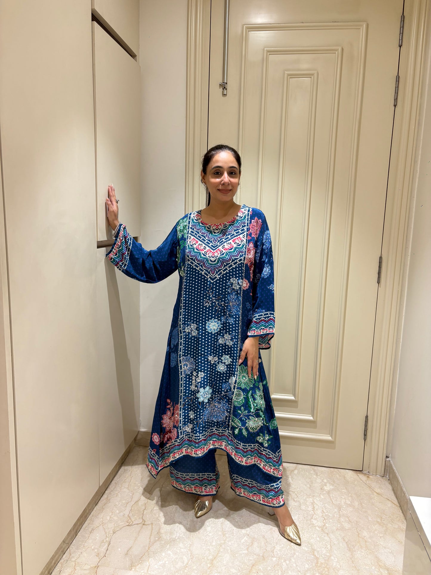 Sapphire Blue Mixed-Print Asymmetrical Tunic & Palazzo Set