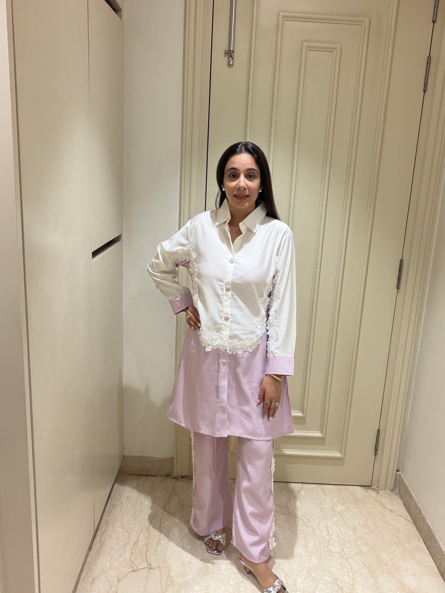 Lavender & White Color-Blocked Lace Co-ord Set