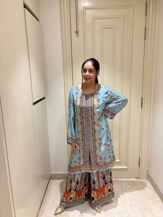 Ice Blue Heritage Print Tunic & Statement Palazzo Set