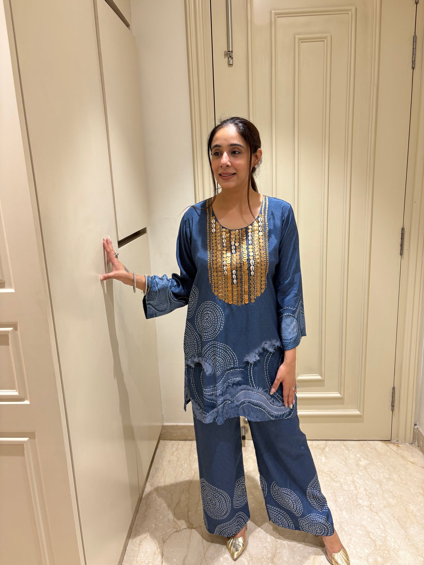 Indigo Coastal Wave Tunic & Palazzo Set with Cowrie Shell Yoke