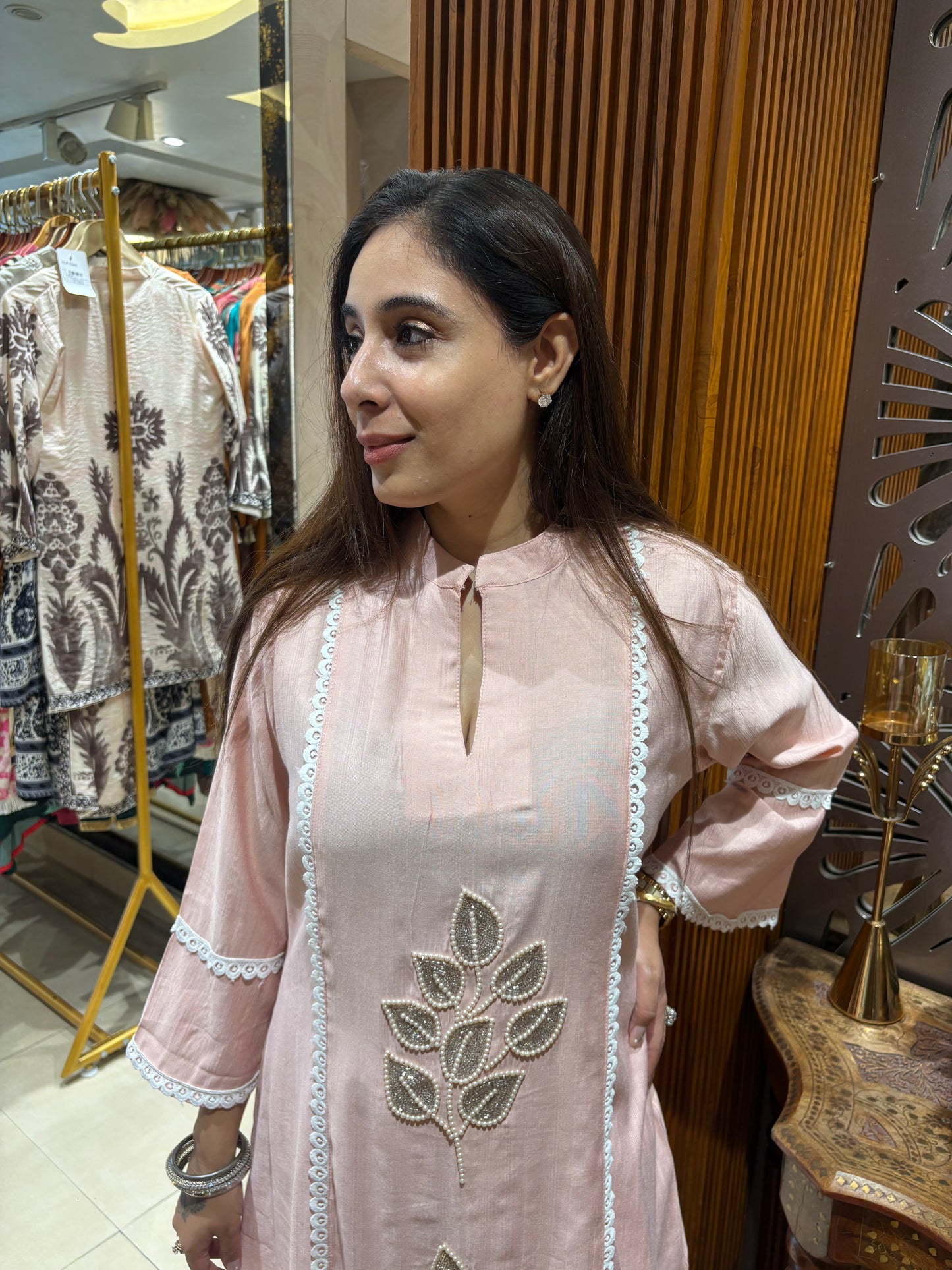 Blush Pink Lace-Trimmed Kurta Set with Botanical Applique