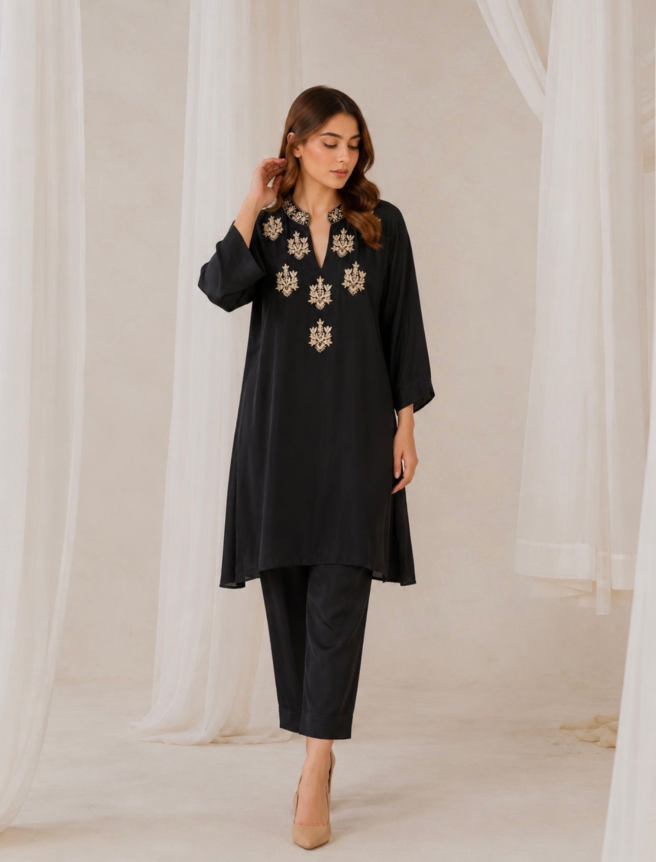 Midnight Black Silk-Blend Co-ord Set with Gold Motif Embroidery