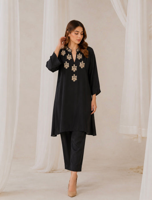 Midnight Black Silk-Blend Co-ord Set with Gold Motif Embroidery