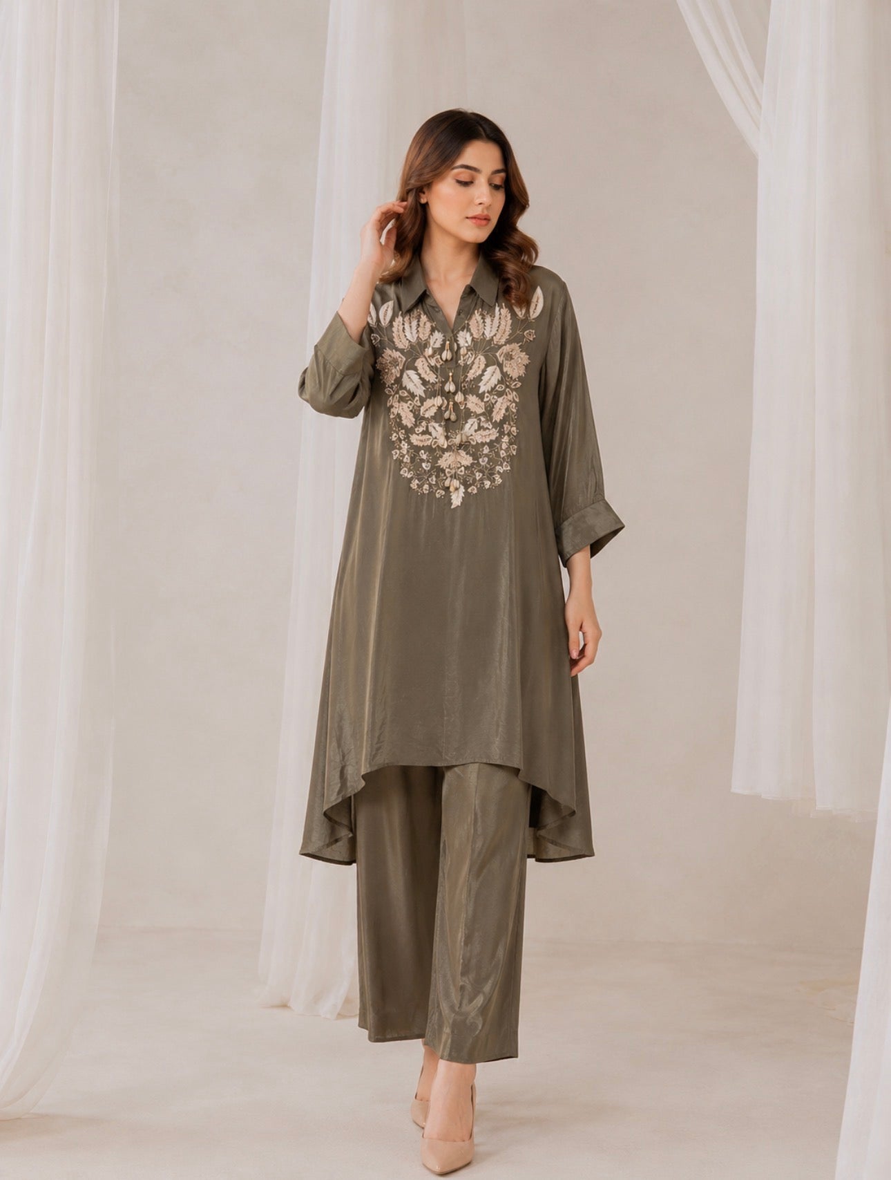 Lustrous Olive High-Low Co-ord Set with Botanical Embroidery