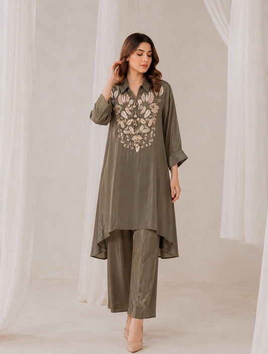 Lustrous Olive High-Low Co-ord Set with Botanical Embroidery
