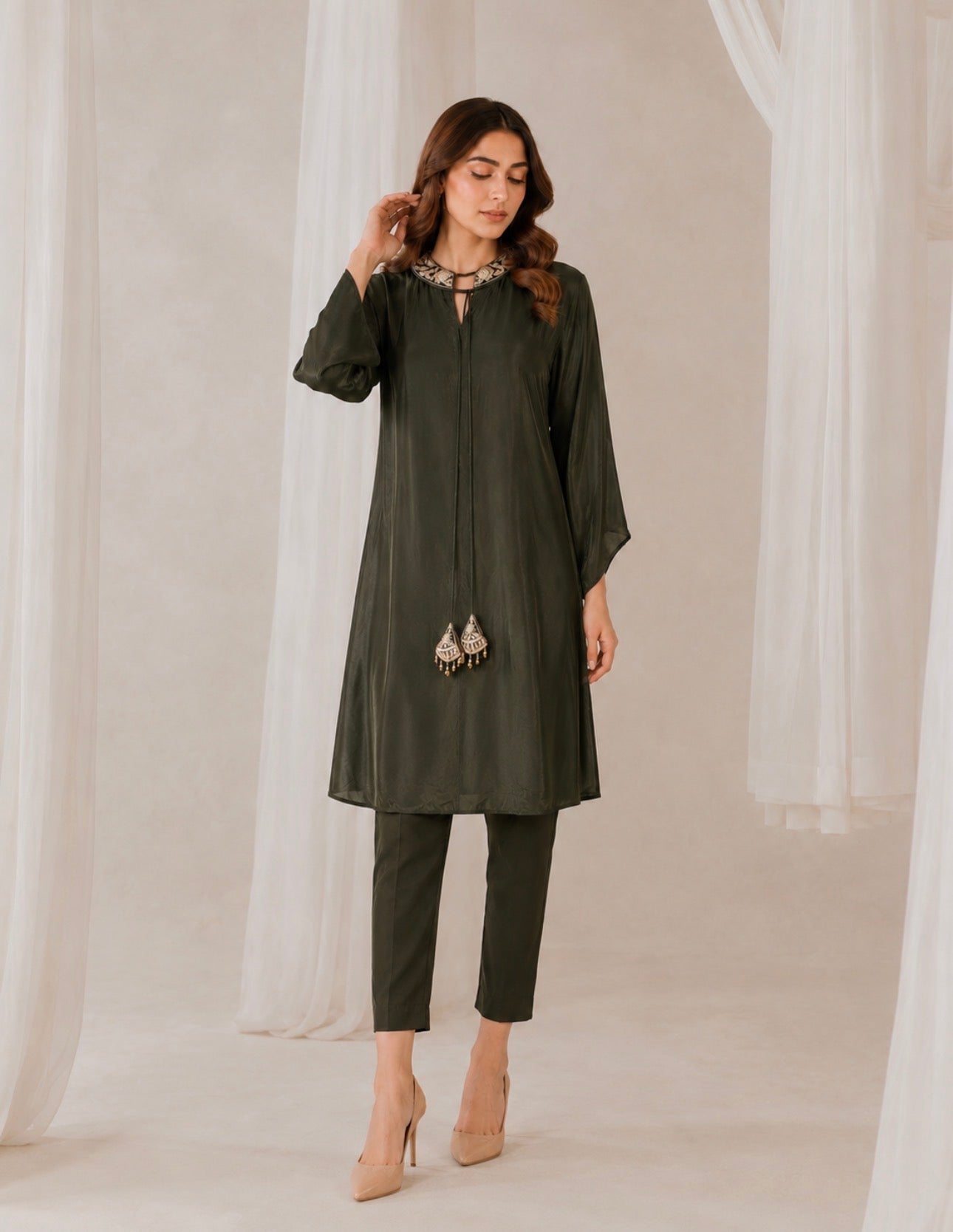 Dark Olive Luminous Co-ord Set with Embroidered Collar & Statement Tassels