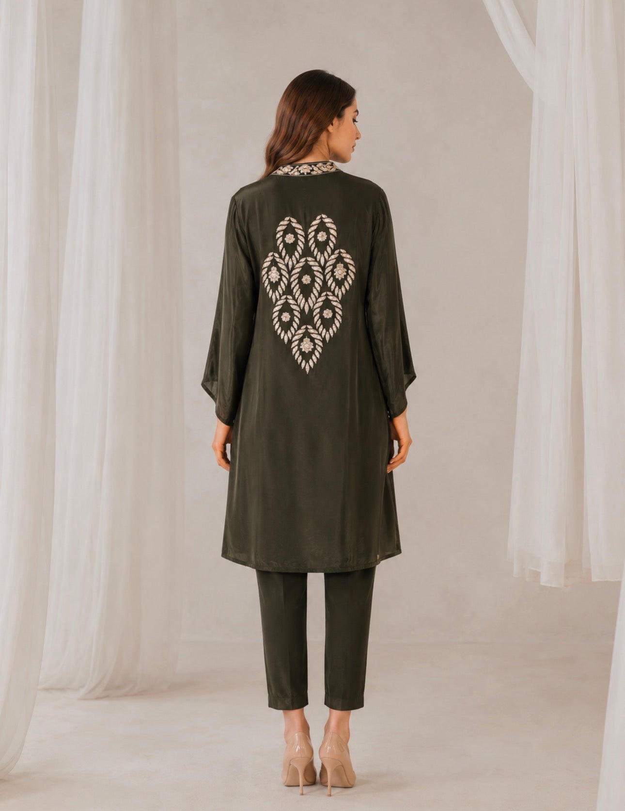 Dark Olive Luminous Co-ord Set with Embroidered Collar & Statement Tassels