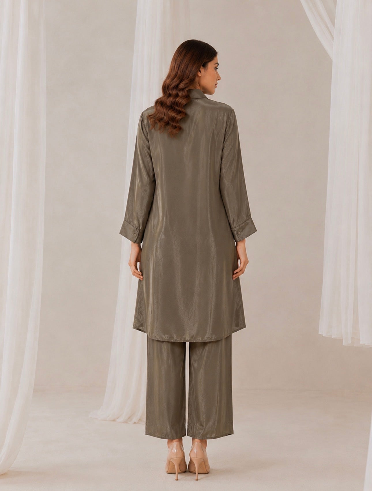Lustrous Olive High-Low Co-ord Set with Botanical Embroidery
