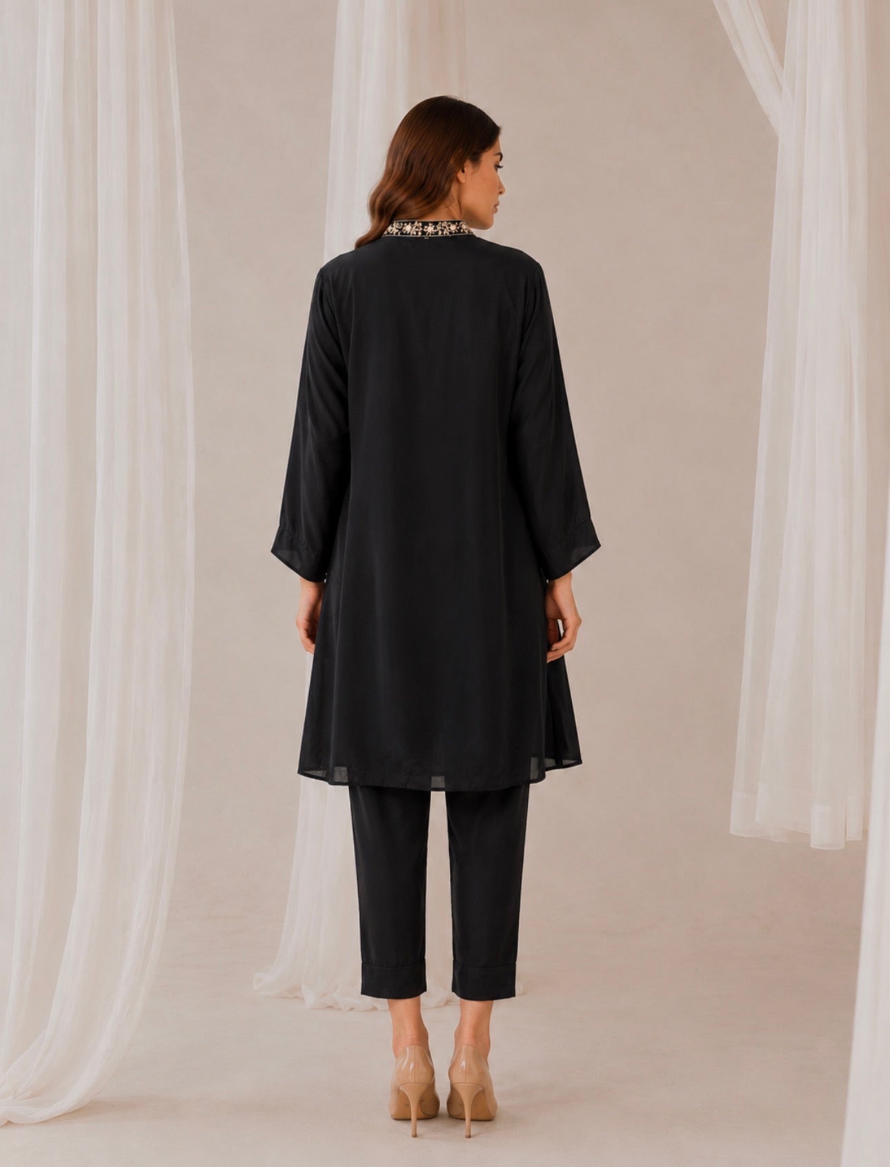 Midnight Black Silk-Blend Co-ord Set with Gold Motif Embroidery