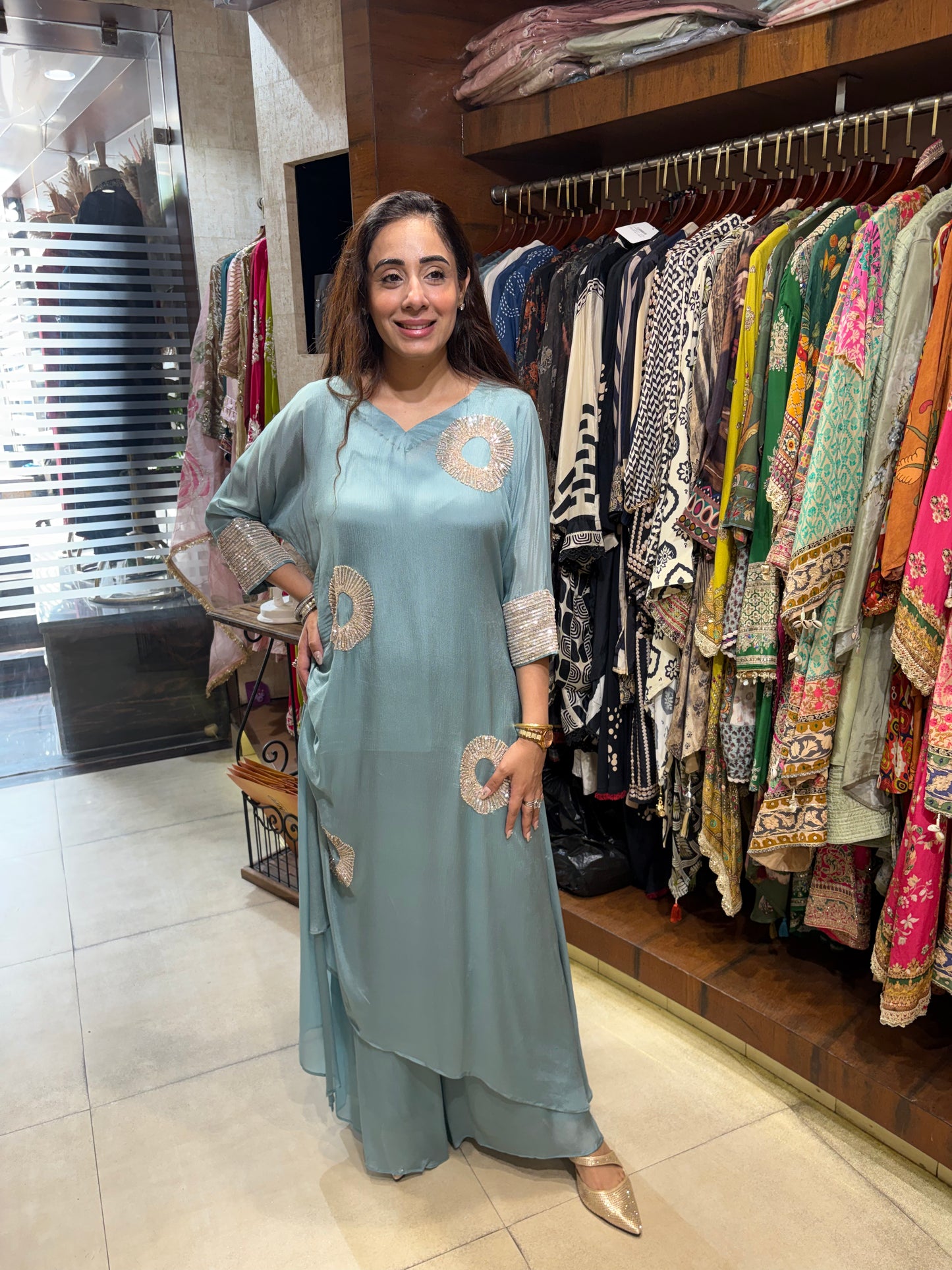 Luminous Slate Blue Flowy Suit with Metallic Ring Embellishments