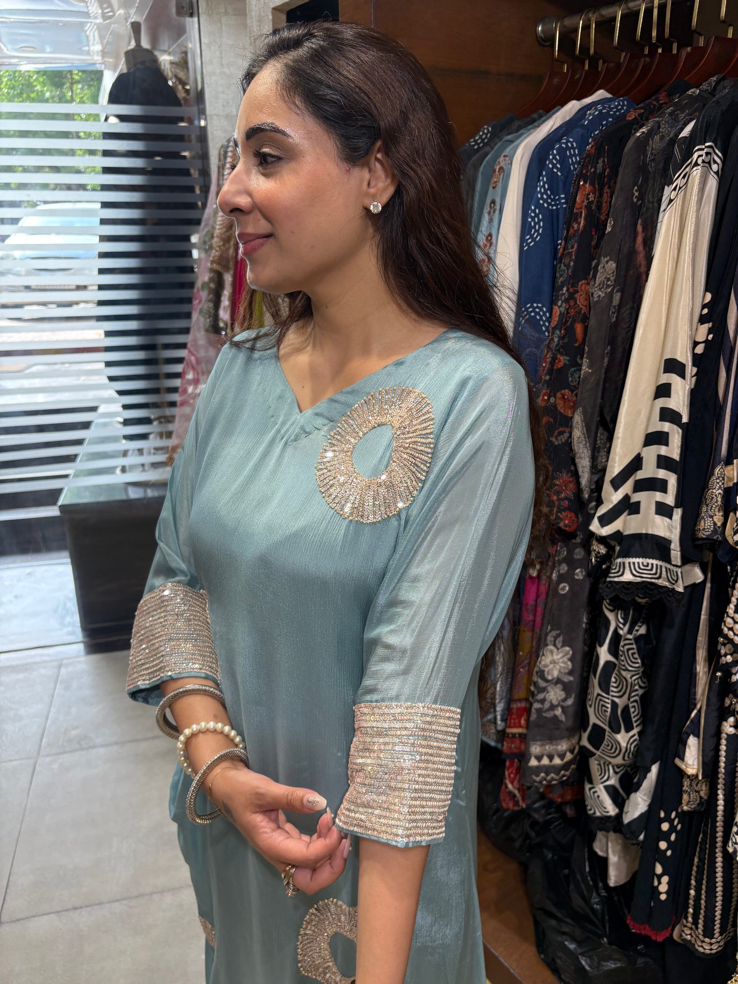 Luminous Slate Blue Flowy Suit with Metallic Ring Embellishments