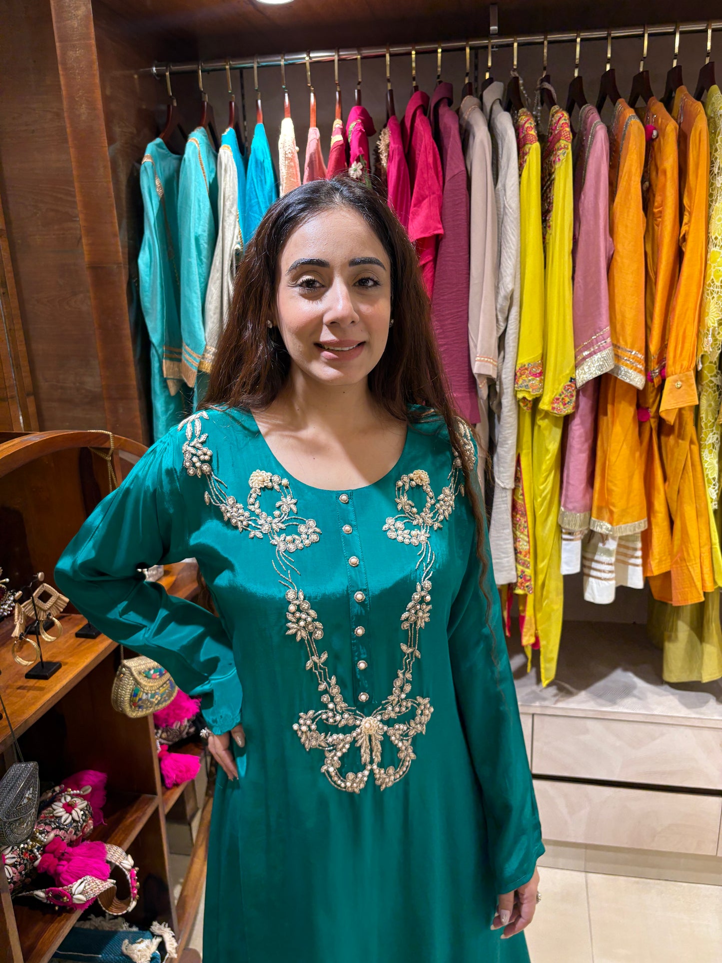Regal Emerald Silk-Blend Pant Set with Gold Embroidery