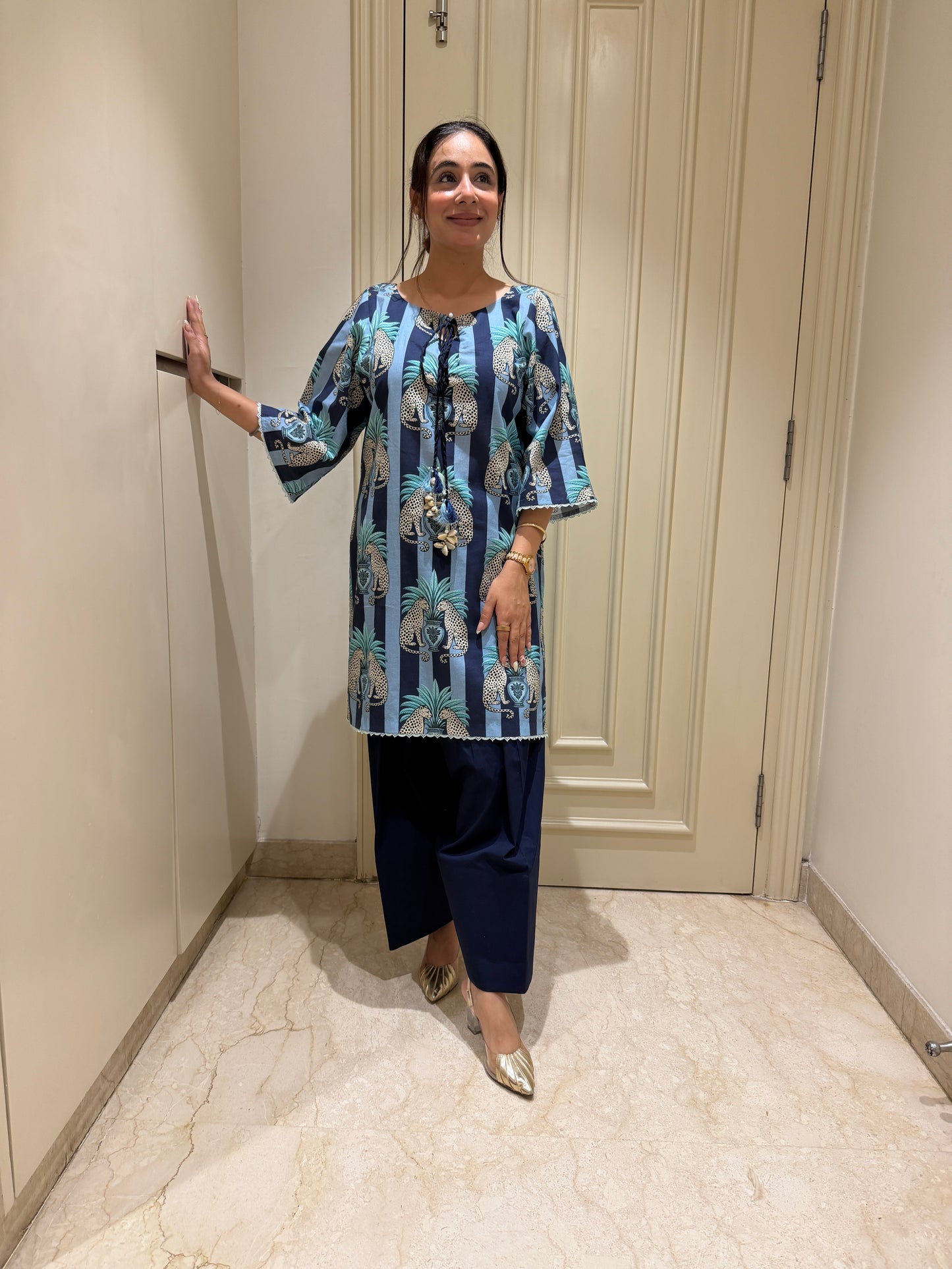 Navy & Powder Blue Striped Safari Print Kurta Set
