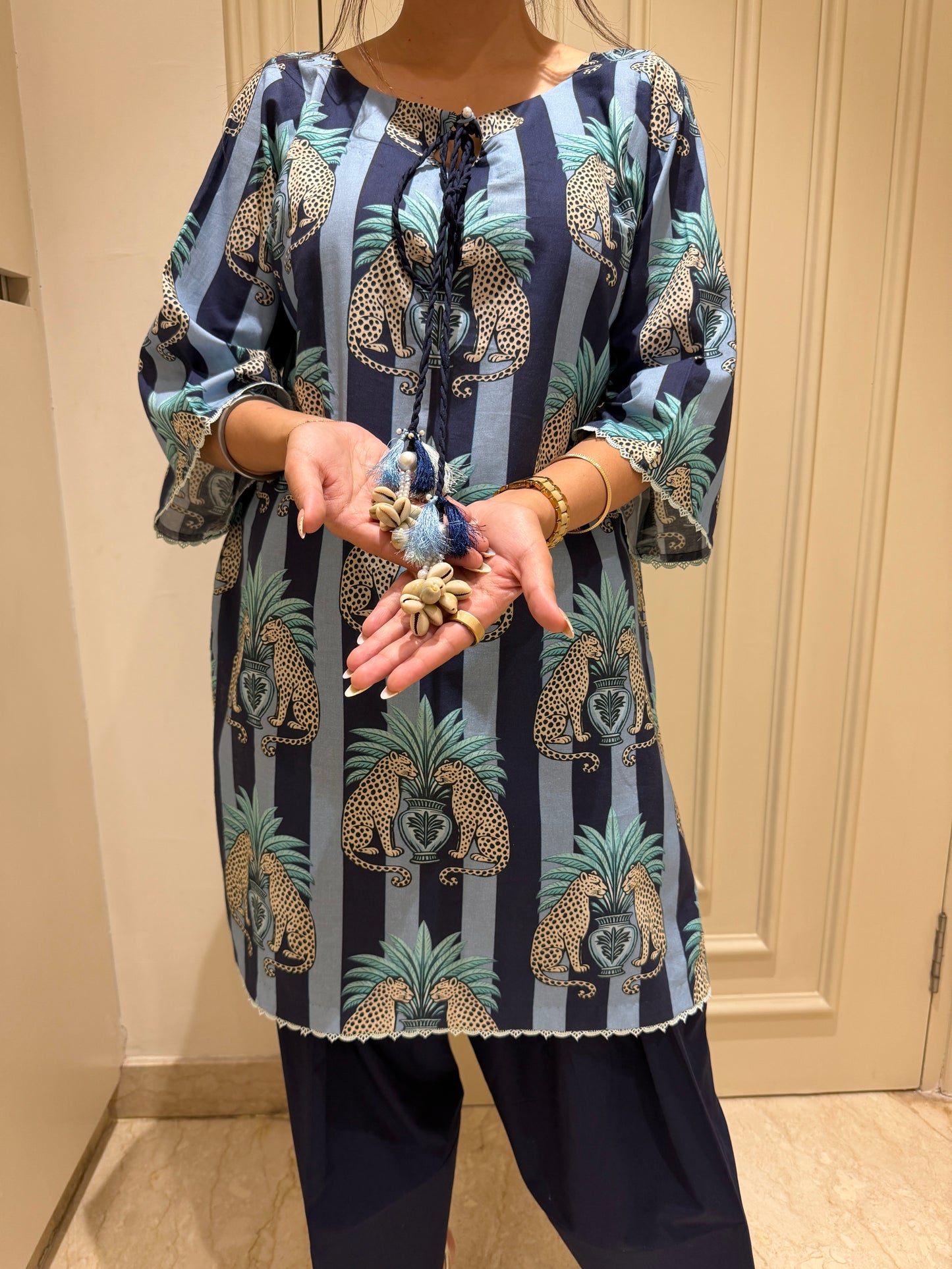 Navy & Powder Blue Striped Safari Print Kurta Set