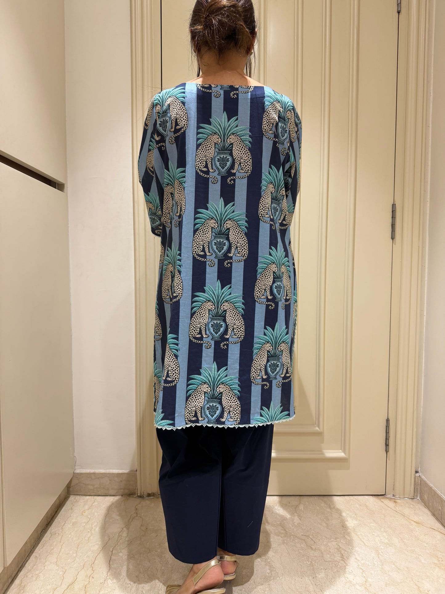 Navy & Powder Blue Striped Safari Print Kurta Set