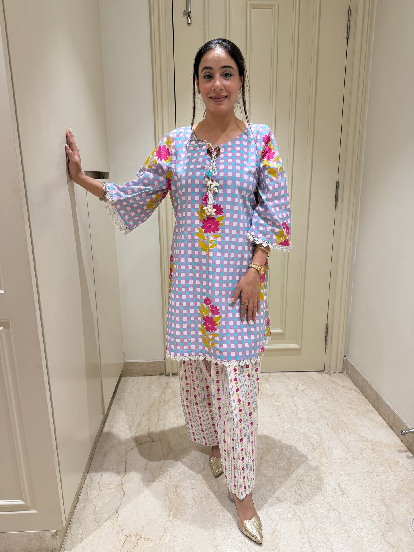 Pastel Checkered Floral Kurta Set with Tassel Detail