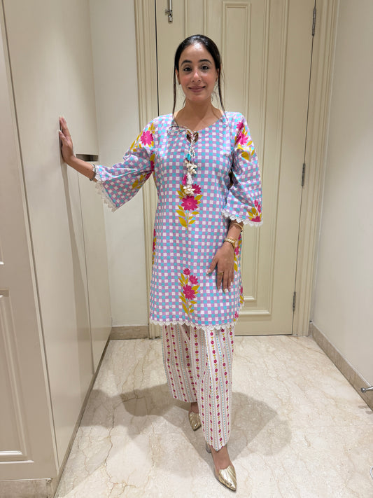 Pastel Checkered Floral Kurta Set with Tassel Detail