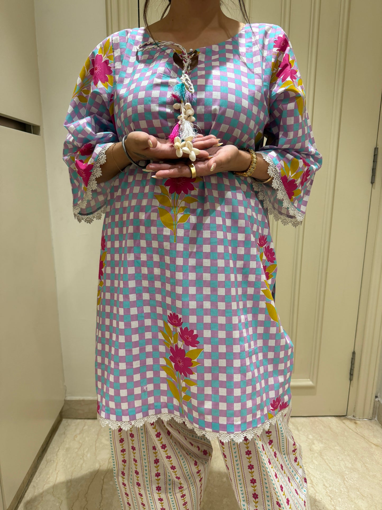 Pastel Checkered Floral Kurta Set with Tassel Detail