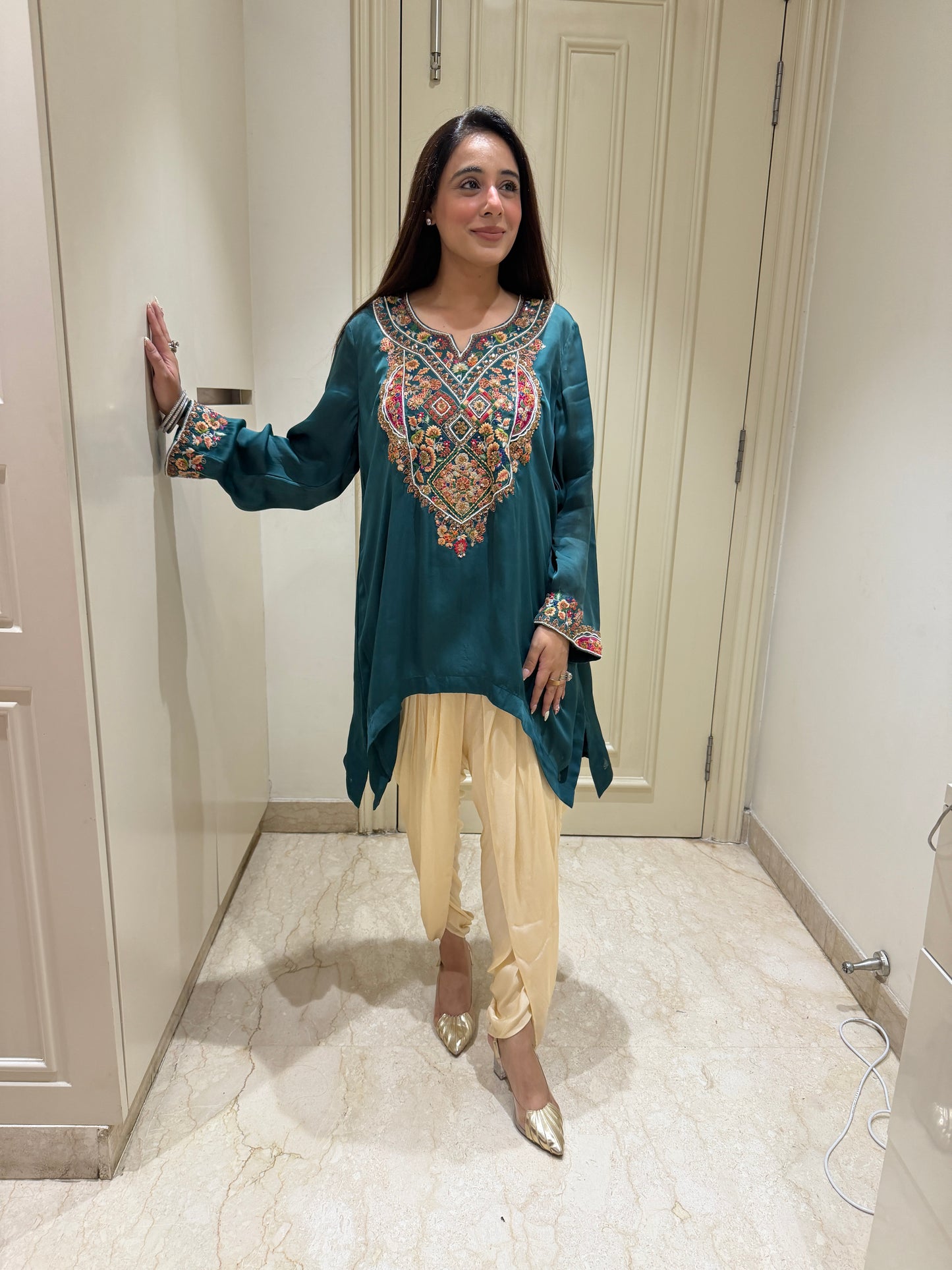 Deep Teal Embroidered Asymmetric Tunic & Dhoti Pant Set