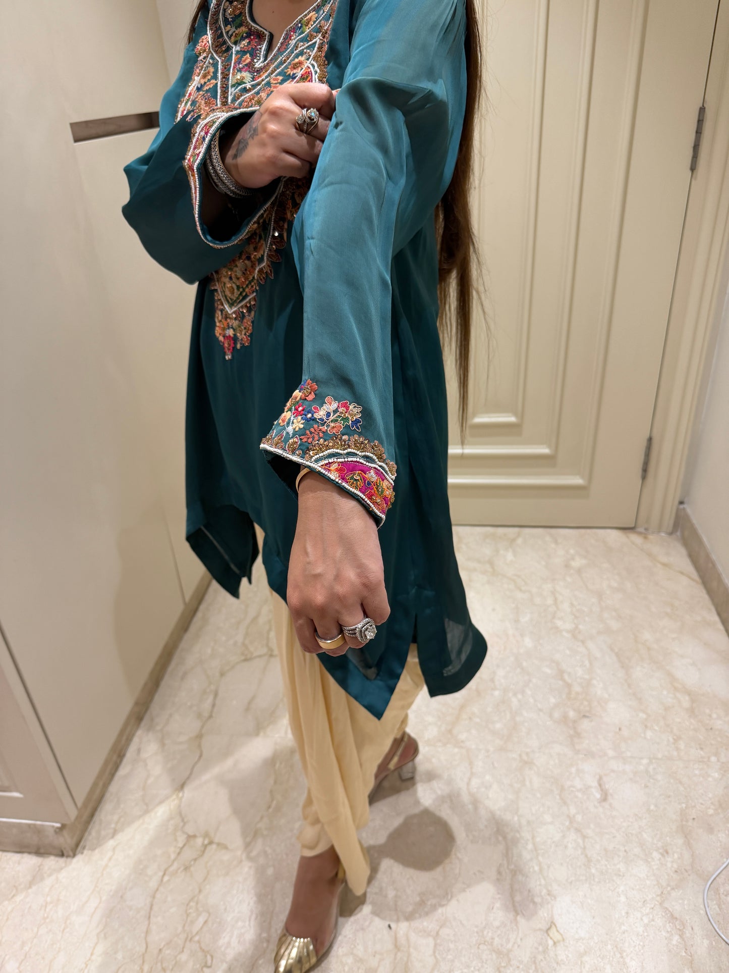 Deep Teal Embroidered Asymmetric Tunic & Dhoti Pant Set