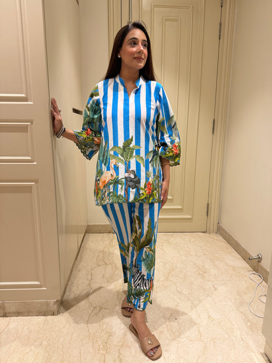Blue & White Striped Tropical Safari Co-ord Set with Scalloped Details