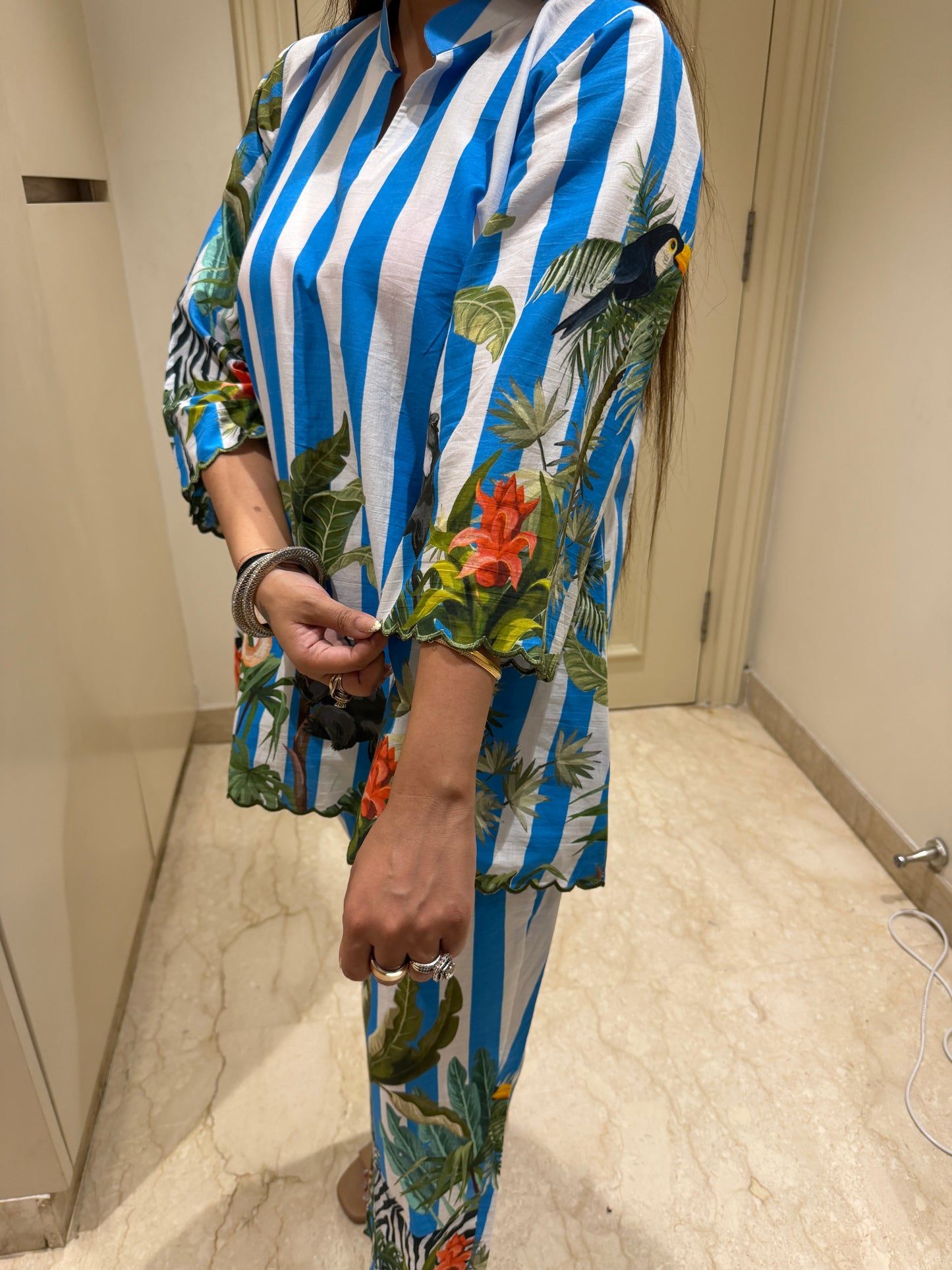Blue & White Striped Tropical Safari Co-ord Set with Scalloped Details