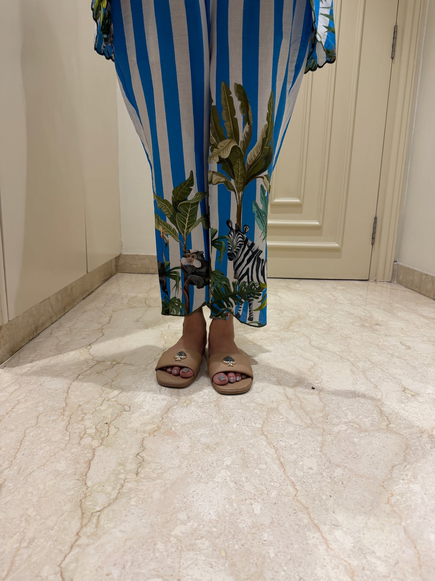 Blue & White Striped Tropical Safari Co-ord Set with Scalloped Details