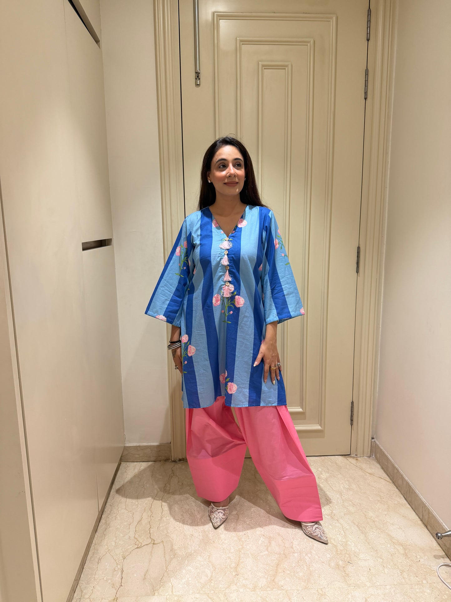 Blue Striped Floral Tunic with Vibrant Pink Salwar Set