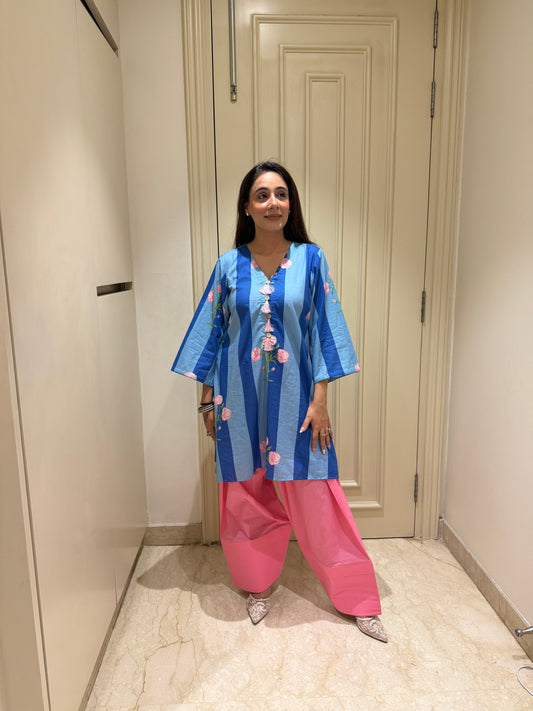 Blue Striped Floral Tunic with Vibrant Pink Salwar Set