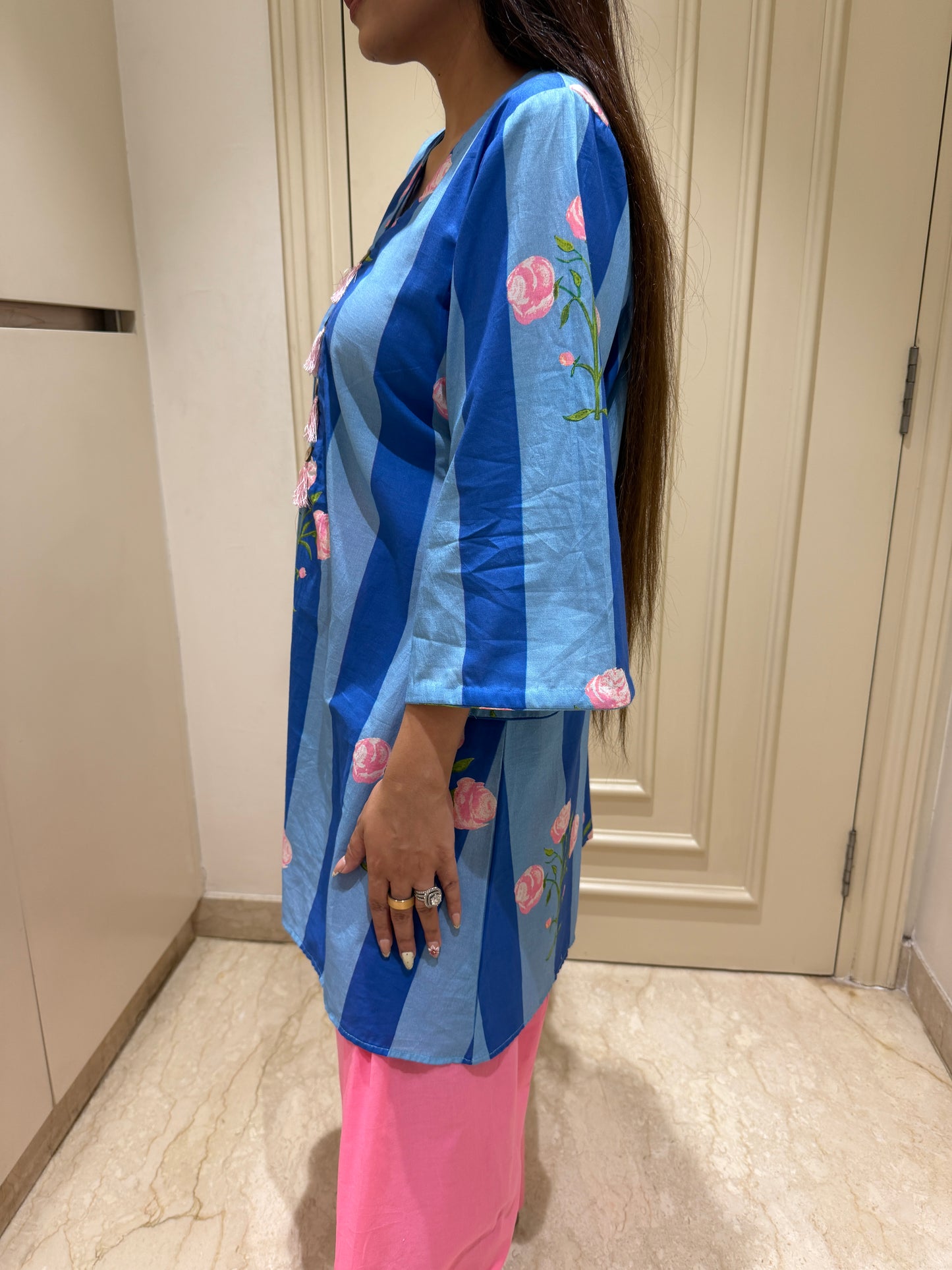 Blue Striped Floral Tunic with Vibrant Pink Salwar Set