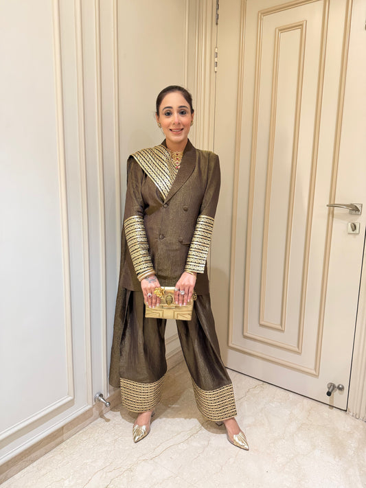 Metallic Bronze Indo-Western Blazer Set with Gold Striped Embroidery